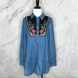 Anthro Holding Horses Embroidered Denim Tunic Shirt Size